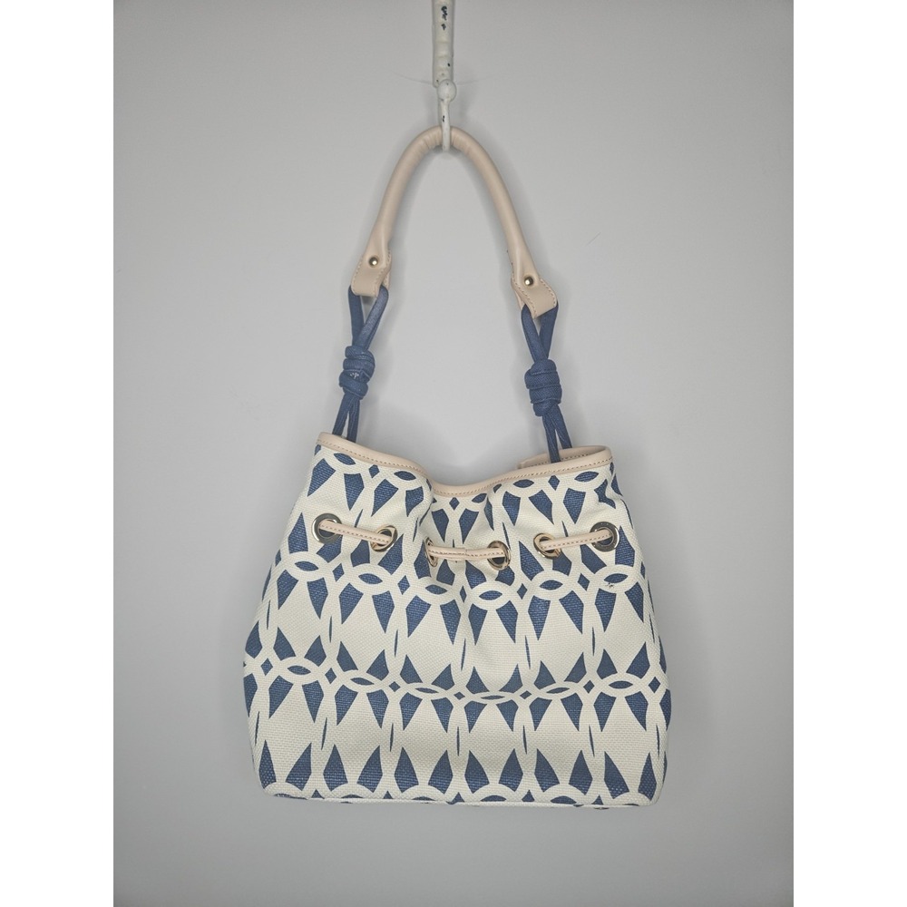 Spartina 449 Bucket Bag Blue Geo Linen Leather Drawstring Nautical Coastal Chic - Picture 16 of 16